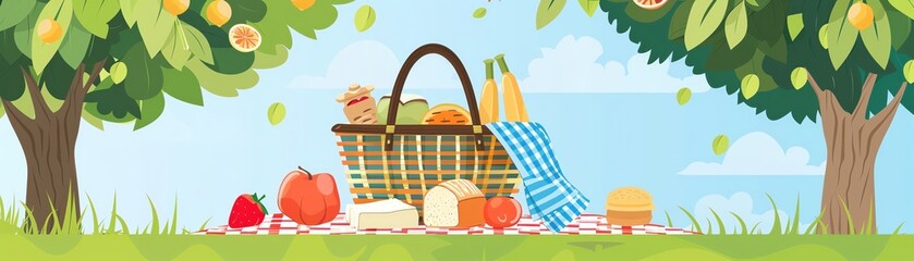 Picnic basket with fresh produce on a grassy lawn