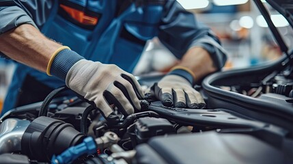 Obraz premium A mechanic works with the engine of a vehicle. The concept of precision and experience: the technician thoroughly inspects, diagnoses faults, inspects or repairs the car. Illustration for design.