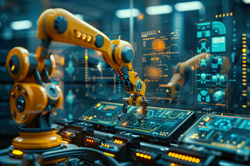 A robot is working on a computer monitor with a yellow robot arm, generative ai image.