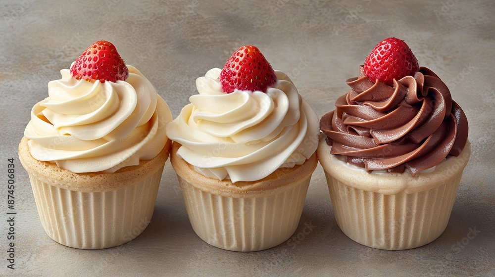 Poster three cupcakes with white frosting and a strawberry on top one of them has chocolate frosting and a 