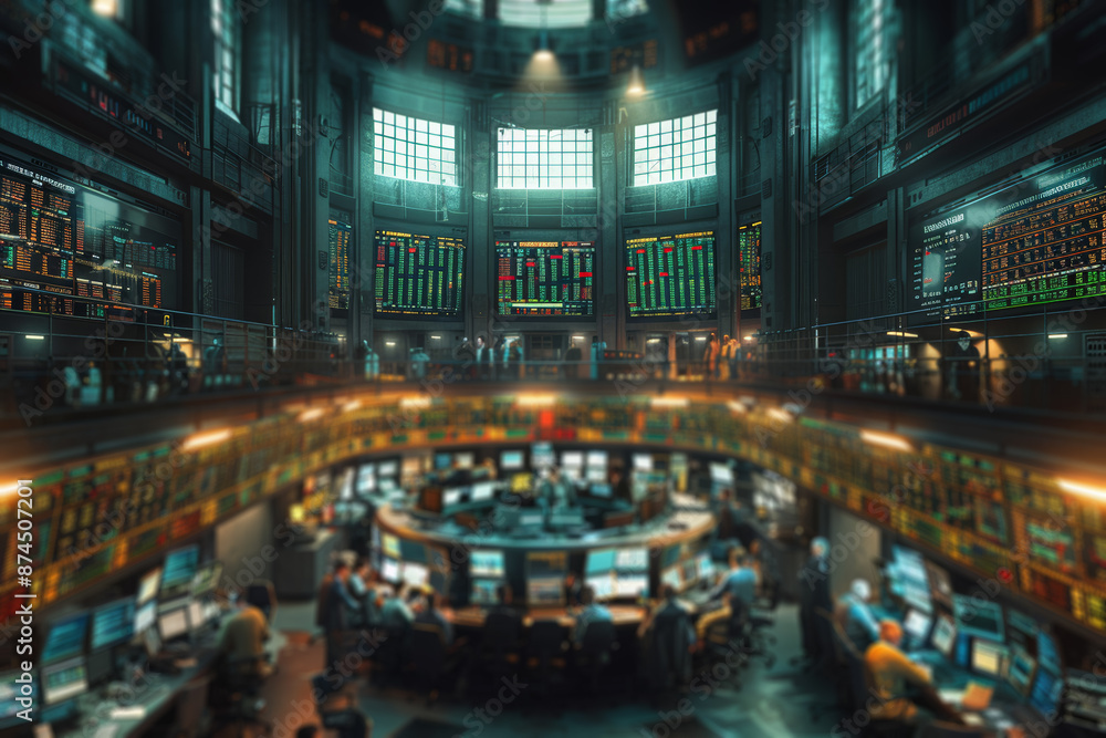 Aufkleber a bustling stock exchange floor with traders intensely focused on monitors. concept of finance and b