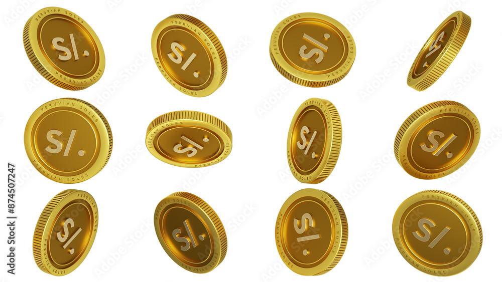 Fototapete 3d rendering of set of abstract golden peruvian soles coins concept in different angles. sol sign on