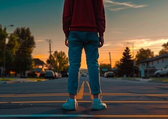 Teenager Standing in the Middle of an Empty Street at Sunset - Modern Urban Lifestyle and Youth Freedom Concept.