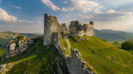 The ruins of an ancient castle standing on a hill overlooking a green valley and mountains.