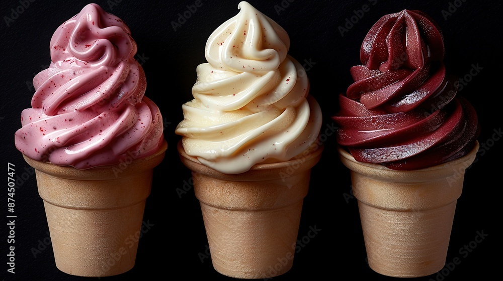 Poster three ice cream cones stacked on top of each other, placed next to one another on a surface