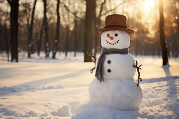 Obraz premium Cheerful snowman with a hat and scarf stands in a snowy park at sunset