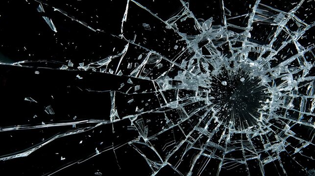 Broken glass on a dark background. After the impact, the glass surface has cracks diverging from the point of impact or bullet hit. The concept of destruction, vulnerability and fragility of existence