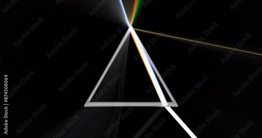 Poster rainbow light prism, animation. light separated to spectrum through prism. optical glass pyramid wit