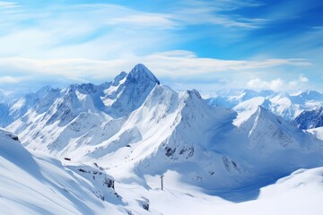 Breathtaking panoramic view of a serene, snow-covered mountain landscape under a vibrant blue sky