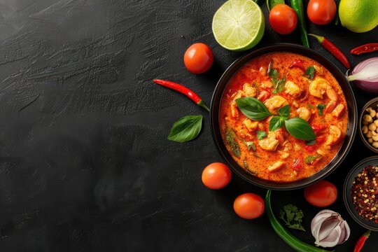 The enticing aroma of Khanom Jeen Nam Ya fills the air in a vibrant Thai food banner with copy space