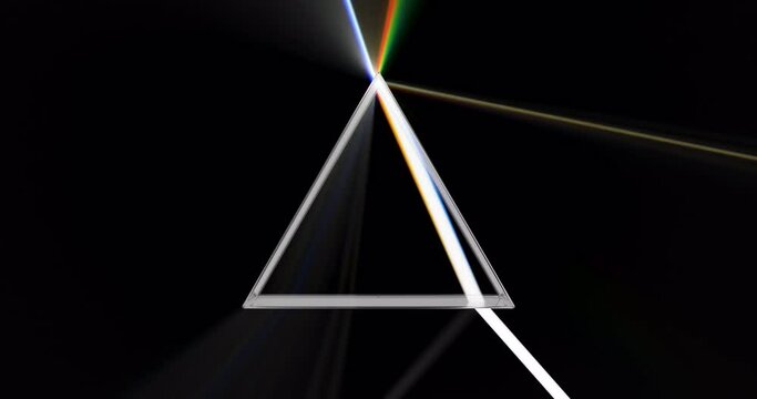 Rainbow light prism, animation. Light separated to spectrum through prism. Optical glass pyramid with visible spectrum wave rays vector illustration, 3D rendering