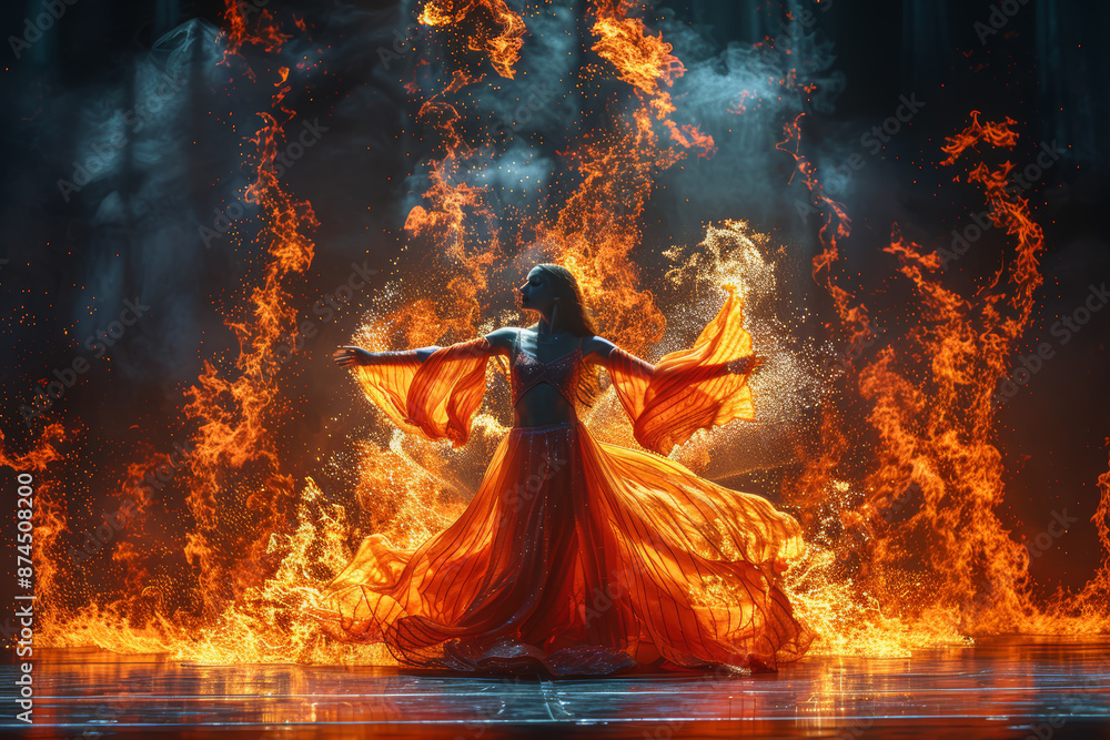 Poster a dynamic dance performance on stage, showcasing movement and emotion. concept of art and expression