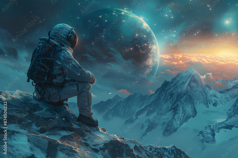 Poster a scientist observing a distant planet through a powerful telescope. concept of astronomy and discov