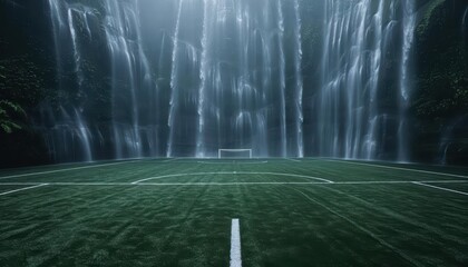 The football pitch is surrounded by cascading waterfalls, blending nature and sport in a magical setting, with copy space