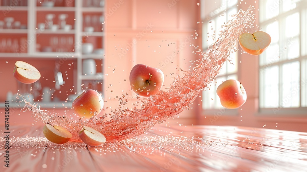 Poster a group of apples cascading from a table into the air with water splashing out