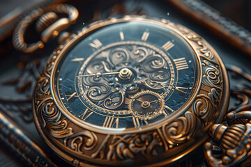 An antique pocket watch with delicate engravings, symbolizing the passage of time. Concept of history and craftsmanship. Generative Ai.