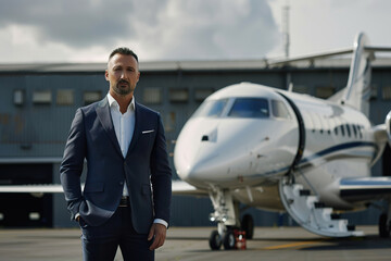 A man in a suit stands in front of a jet, generative ai image.