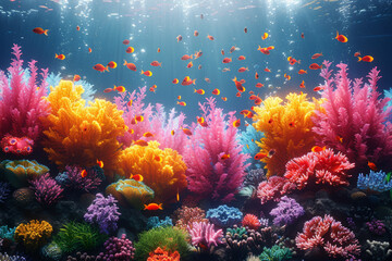 A vibrant coral reef teeming with colorful marine life. Concept of biodiversity and underwater ecosystems. Generative Ai.