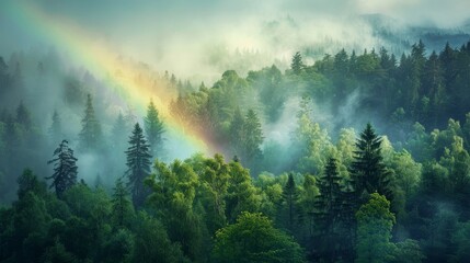 Tranquil forest landscape with rainbow emerging through mist, symbolizing peace and natural beauty