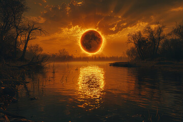 A solar eclipse casting an eerie shadow over the landscape. Concept of celestial events and natural phenomena. Generative Ai.