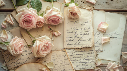 Vintage letters and pink roses arranged beautifully on a rustic wooden table
