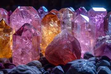 Fototapeta premium A collection of rare gemstones sparkling under the light. Concept of geology and natural beauty. Generative Ai.