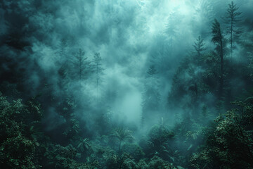 Obraz premium A dense fog enveloping a quiet forest, creating a mysterious atmosphere. Concept of nature and mystique. Generative Ai.