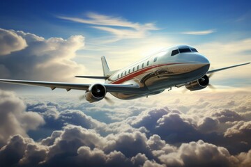 Obraz premium Luxurious private jet soars in the sky against a backdrop of clouds and sunset hues