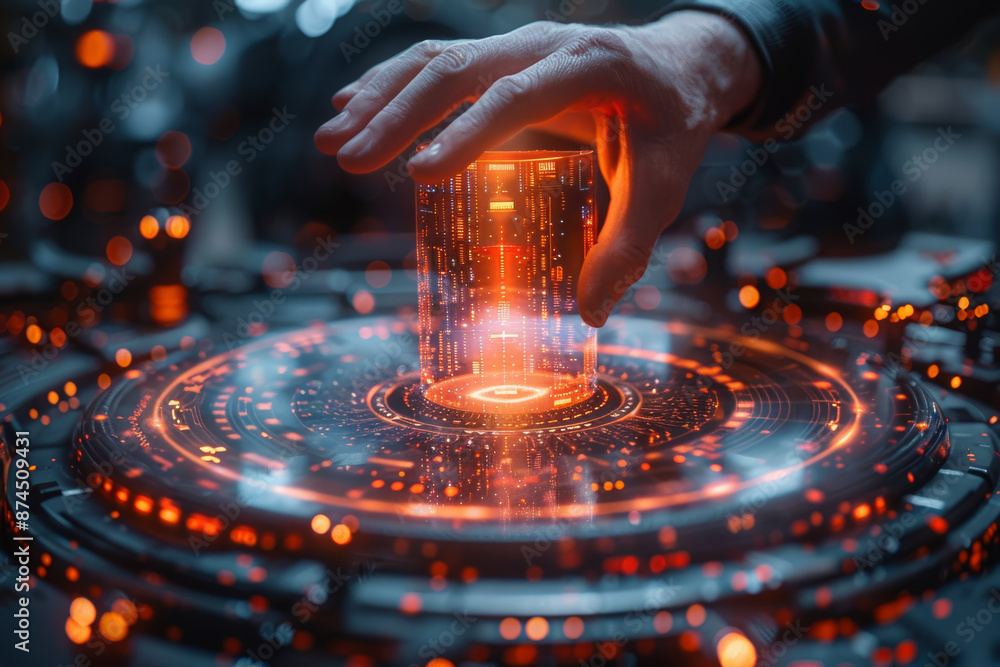 Poster a futuristic holographic display projecting a three-dimensional image. concept of advanced technolog