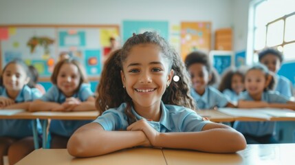 Smiling Elementary School Girl In Classroom During Lesson. Generative AI