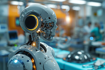 A cutting-edge robot assisting in a hospital operating room. Concept of technology and healthcare. Generative Ai.