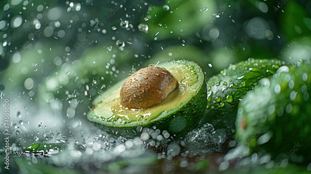 Poster an avocado sliced in half and resting on a table with moisture