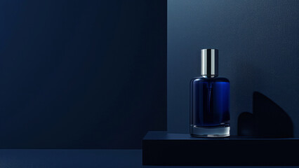 Elegant perfume bottle displayed on a blue marble pedestal.

