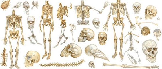 Watercolor illustrations of bones and skeletal structures convey the importance of orthopedic studies, isolate on white background with copy space