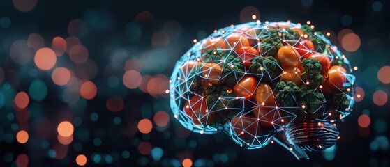 A brain formed from interconnected fruits and vegetables pulses with life in a futuristic setting