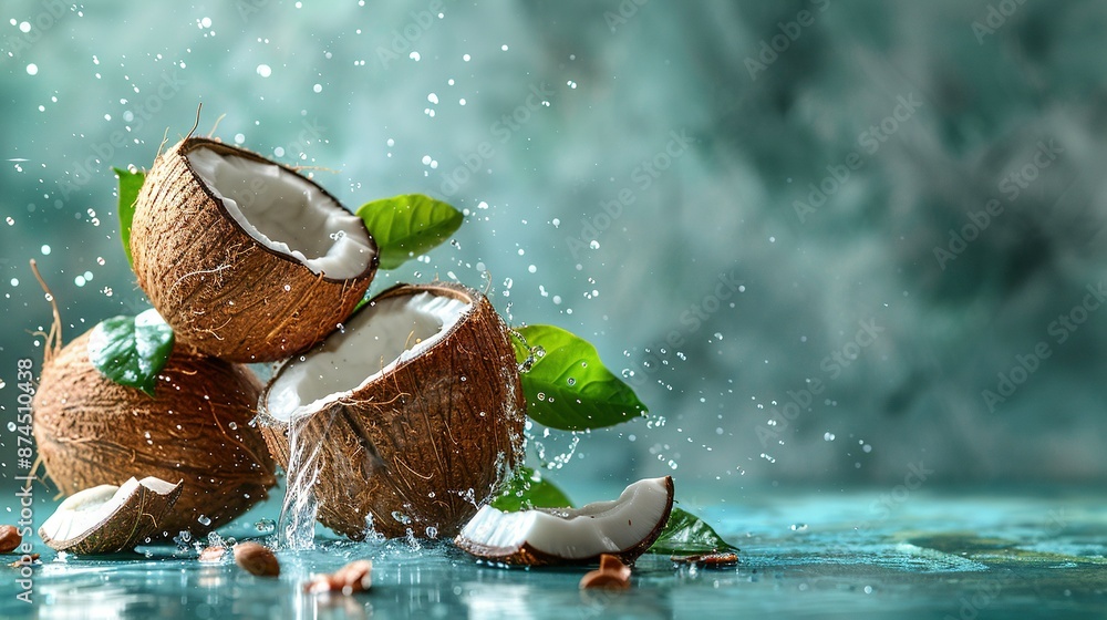 Poster a pair of coconuts resting atop a table alongside a mound of nuts and a verdant foliage