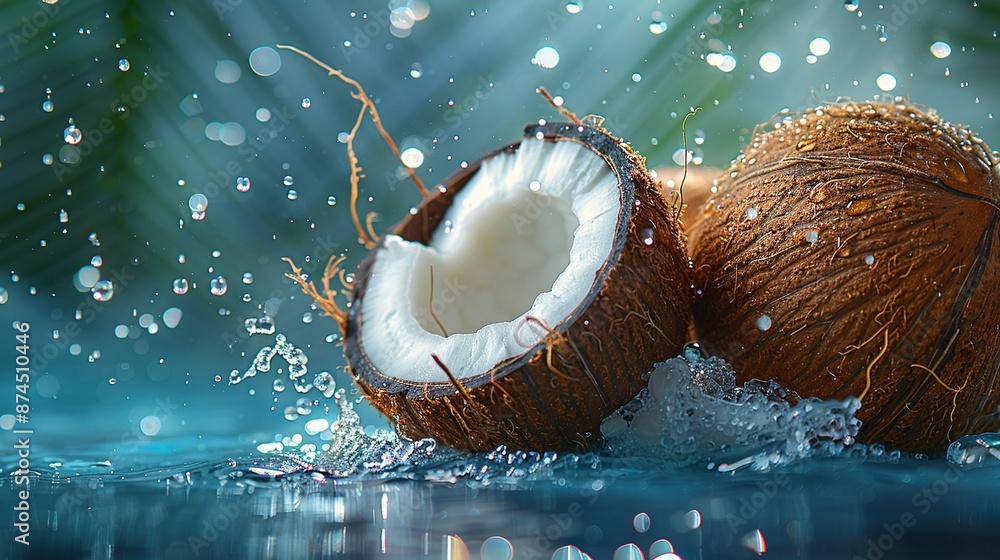 Poster a close-up of two coconuts submerged in water with droplets on the top and bottom