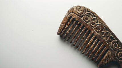Handcrafted wooden comb with intricate carvings on white background