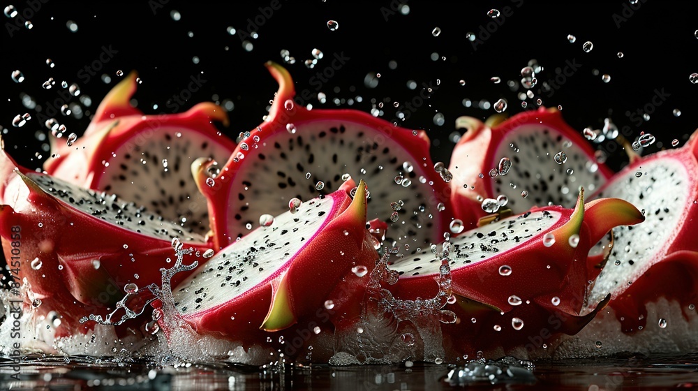 Poster a collection of fruits floating on a pool with droplets surrounding them