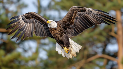 Obraz premium Bald Eagle in Flight with Outstretched Wings Against Forest Background Capturing Majestic and Powerful Presence