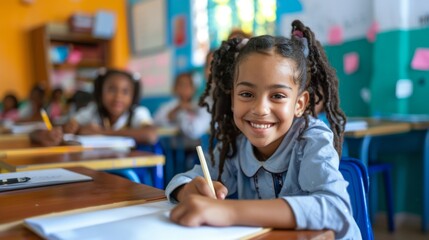 Smiling School Girl Writing in Classroom. Generative AI