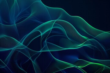  Abstract dark blue mesh gradient with glowing green curve lines pattern textured background. Modern and minimal template with copy space