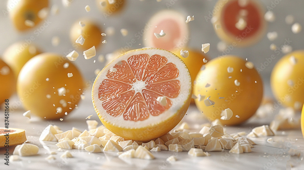 Poster grapefruit sliced in two on table with other citrus fruits