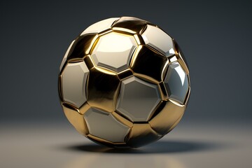 Naklejka premium 3d-rendered image of a shiny golden soccer ball against a smooth grey backdrop