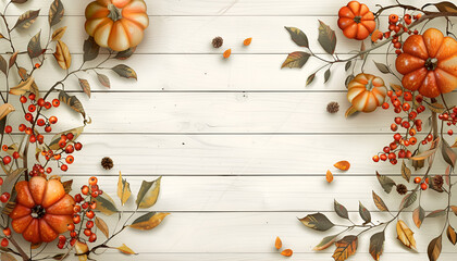 festive autumn decor from pumpkins, berries and leaves on a white wooden background