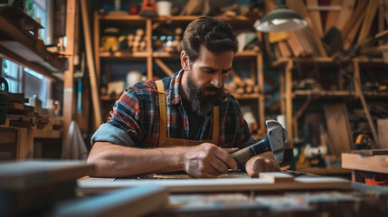 Focused Carpenter Working in a Woodshop with Hand Tools
