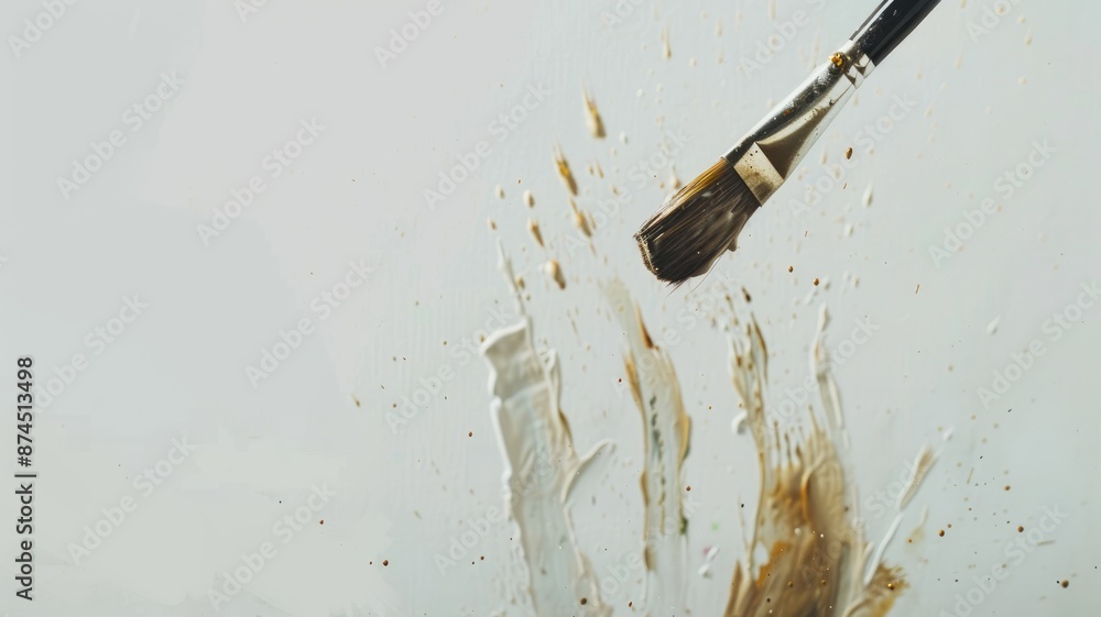 Poster paintbrush creating dynamic splashes on white surface