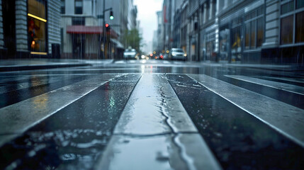 Obraz premium Rain falling on the street, seen from the corner of a pedestrian zone where everything is wet.