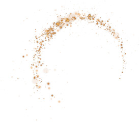 Obraz premium Gold glitter particle swirl circle effect. Sparkling light twirl of glowing glittering particles whirl texture. Space stardust round shine or wind wave spin with glow tail. PNG.