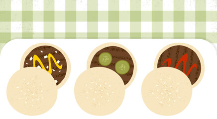 Hamburgers on a picnic table in a row, in a cut paper style with textures
